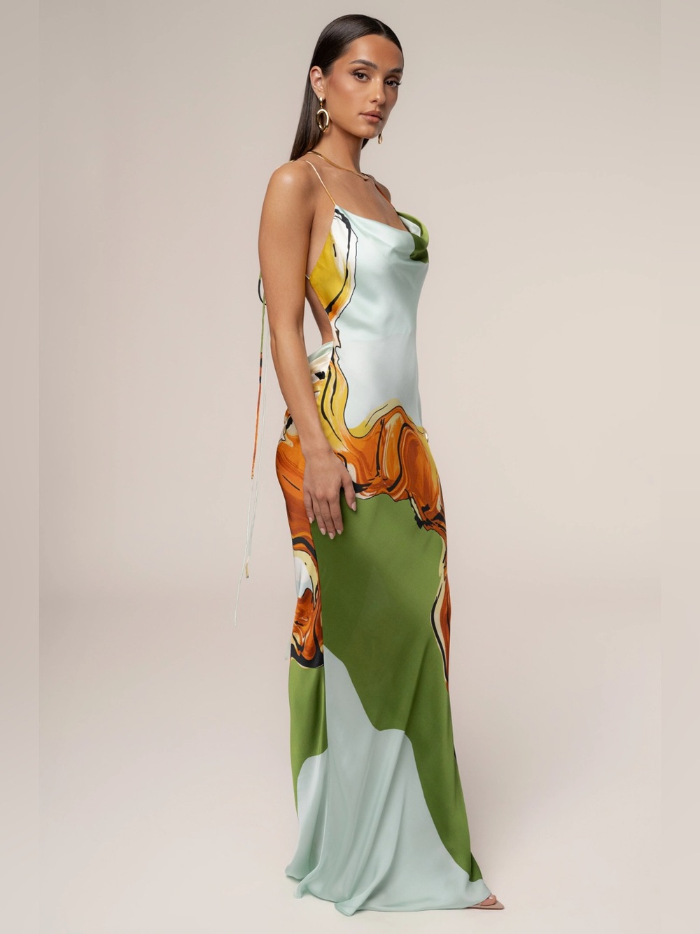 J Lux label GREEN TROPICAL PRINT GOLDEN TOUCH SATIN DRESS